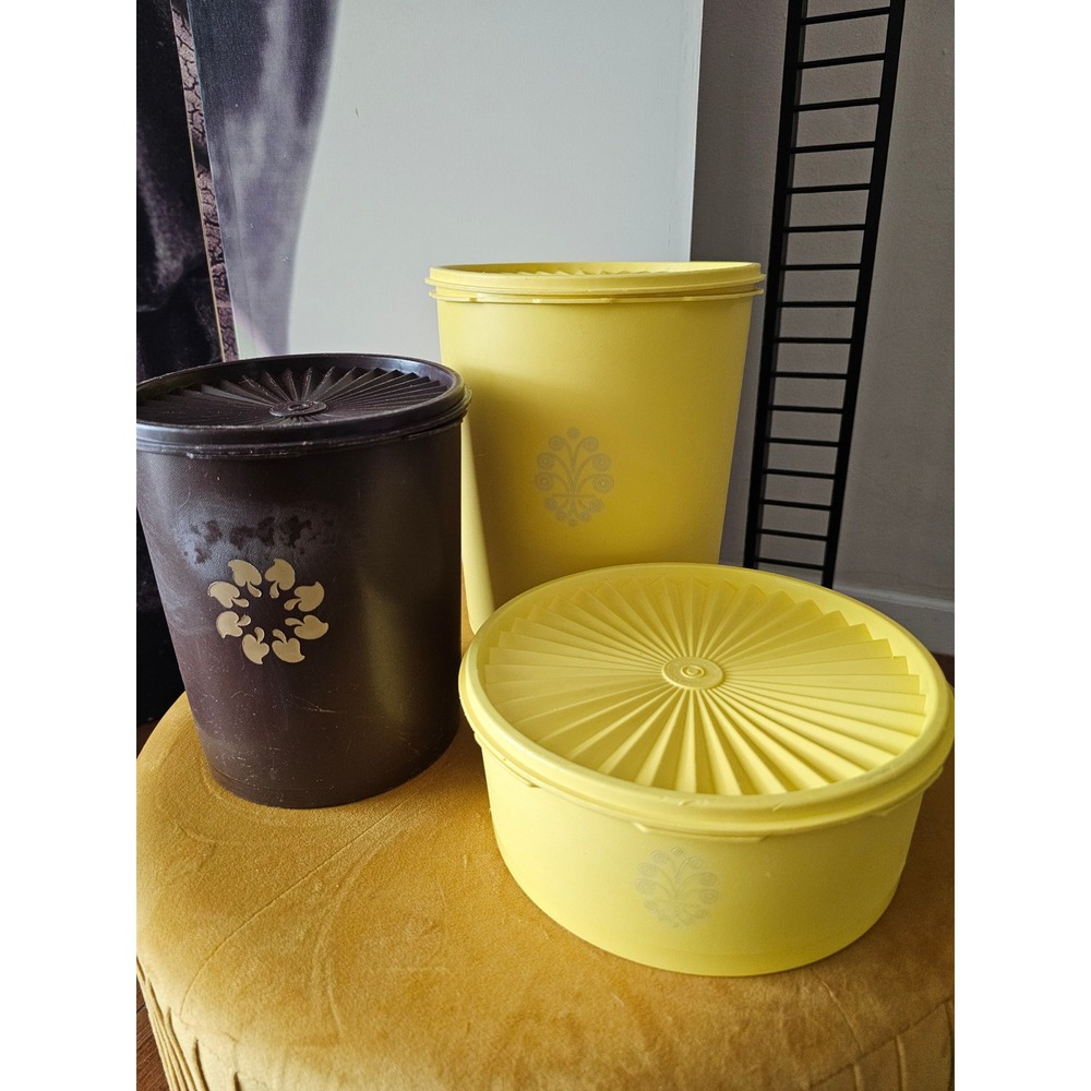 Vintage Tupperware Servalier Canister Set 3p Yellow Brown Sunburst Lid 70s Retro